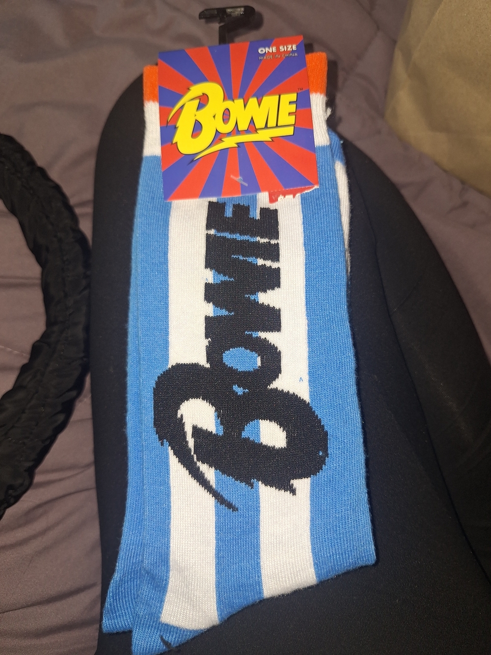 Bowie Logo Blue & White Stripe Crew Socks